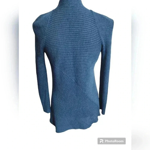 Eileen Fisher Open Front Ribbed Blue 100% Wool Cardigan - Picture 2 of 5